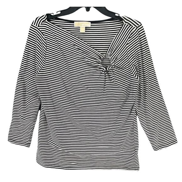 Michael Kors Tops - Michael Kors Shirt‎ Womens Large Black White Stripe Ring Detail 3/4 Sleeve Top